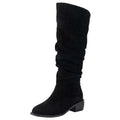 Black suede high leg boot with ruched upper and low block heel in tan slouchy sleeve suede high style