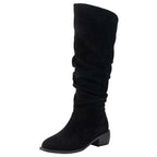 Black suede high leg boot with ruched upper and low block heel in tan slouchy sleeve suede high style
