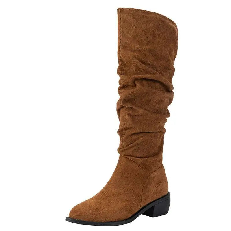 Tan slouchy sleeve suede high leg boot in tan with ruched upper and black block heel for stylish wear