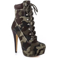 Tan suede platform high heels with camouflage pattern lace-up front and 15cm stilettos for stylish wear