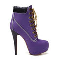 Tan suede platform high heels in purple with black heel and collar and gold-toned laces 15cm stilettos