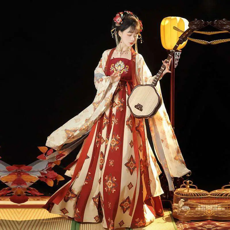 Elegant red and cream-colored Tang Imperial Han Chinese clothing recovery dress featuring intricate floral embroidery