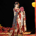 A woman wears a tang imperial han recovery dress han chinese clothing with layered cream red blue floral embroidery