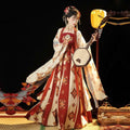 Elegant red and cream tang imperial han Chinese clothing recovery dress featuring intricate floral embroidery