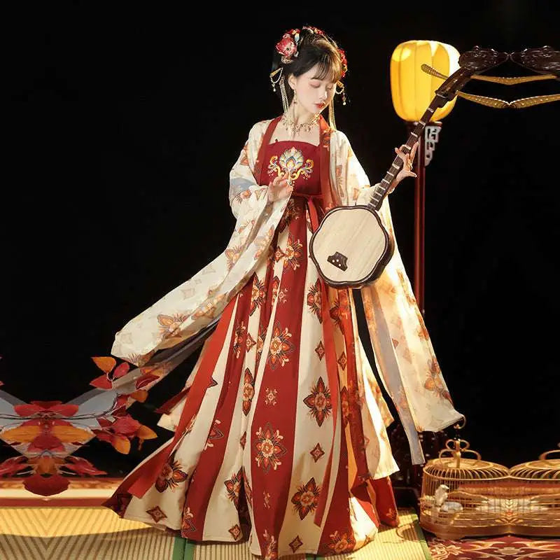 Elegant red and cream tang imperial han Chinese clothing recovery dress featuring intricate floral embroidery