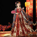 Elegant tang imperial han han chinese clothing gown featuring red and cream floral embroidery with sheer gray overlay