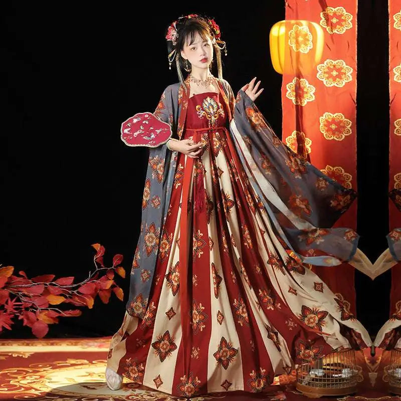 Elegant tang imperial han han chinese clothing gown featuring red and cream floral embroidery with sheer gray overlay