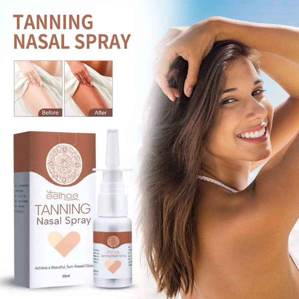 Silver-topped eelhoe tanning aid spray bottle with brown and white packaging for sun kissed skin glow