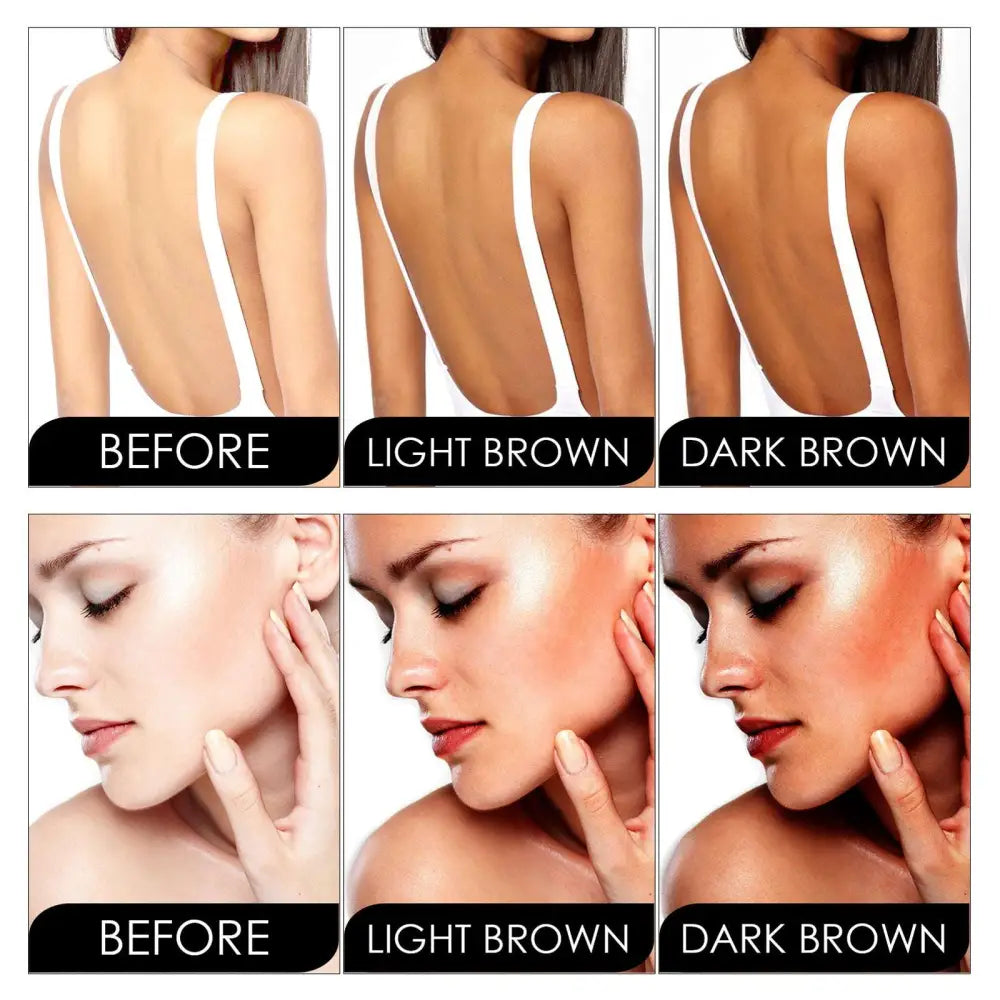 The image shows eelhoe tanning aid spray before and after effects on back and face for sun kissed skin glow