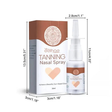 A sleek white and brown eelhoe tanning aid spray bottle with a clear nozzle for achieving sun kissed skin glow