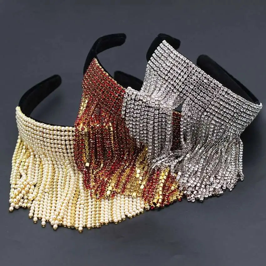 Tassel diamond pearl bridal headband set with three sparkling rhinestone pearl bridal headbands in gold red-gold and silver designs