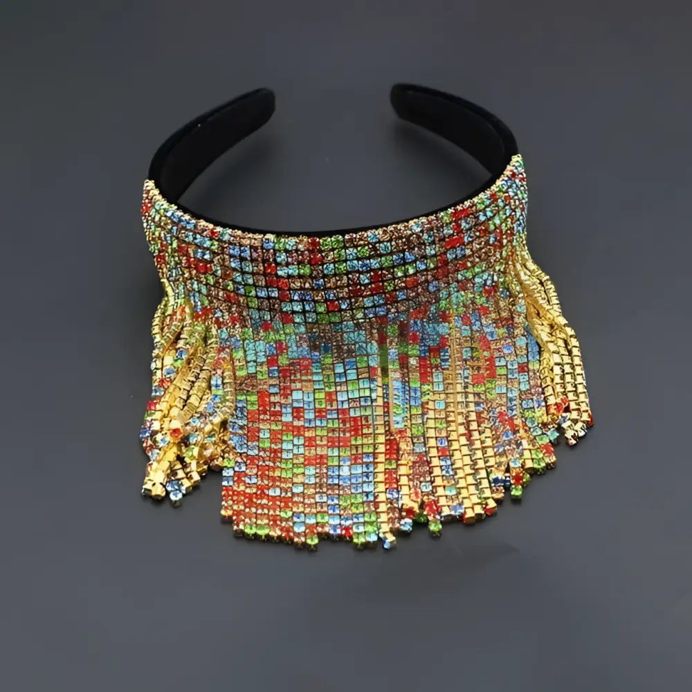 A vibrant tassel diamond pearl bridal headband set with multi-colored beads, gold-toned crystals, and rainbow rhinestones