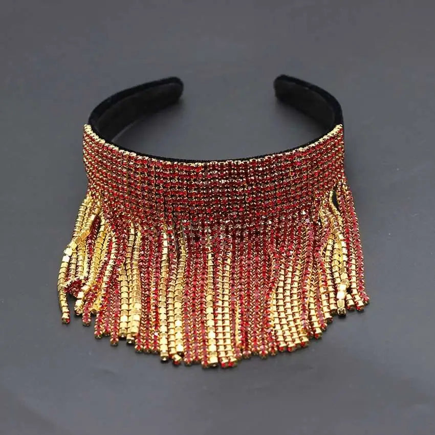 A glamorous red and gold beaded tassel diamond pearl bridal headband set with cascading fringe detail