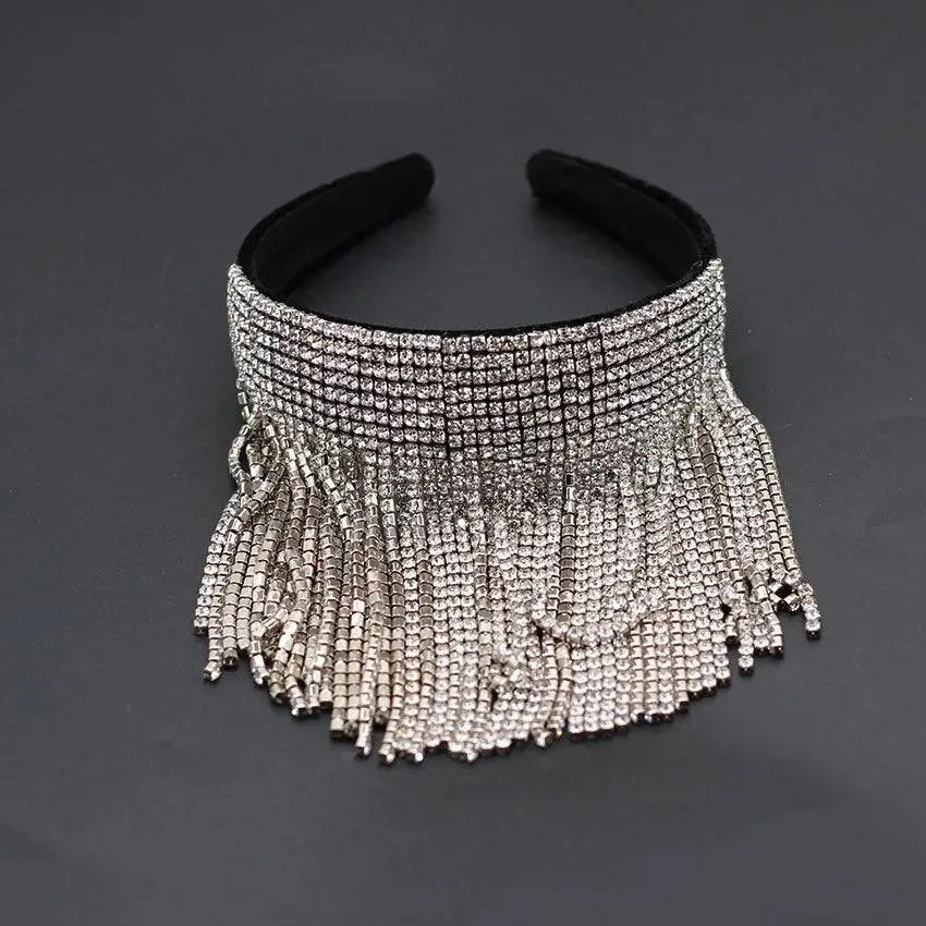 A tassel diamond pearl bridal headband set featuring a sparkling silver rhinestone fringe with a black velvet band