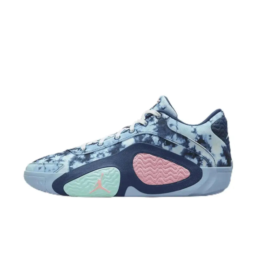 Air jordan 40 low tatum 2 denim basketball shoes in blue void leche with blue and white tie-dye upper and pink accents