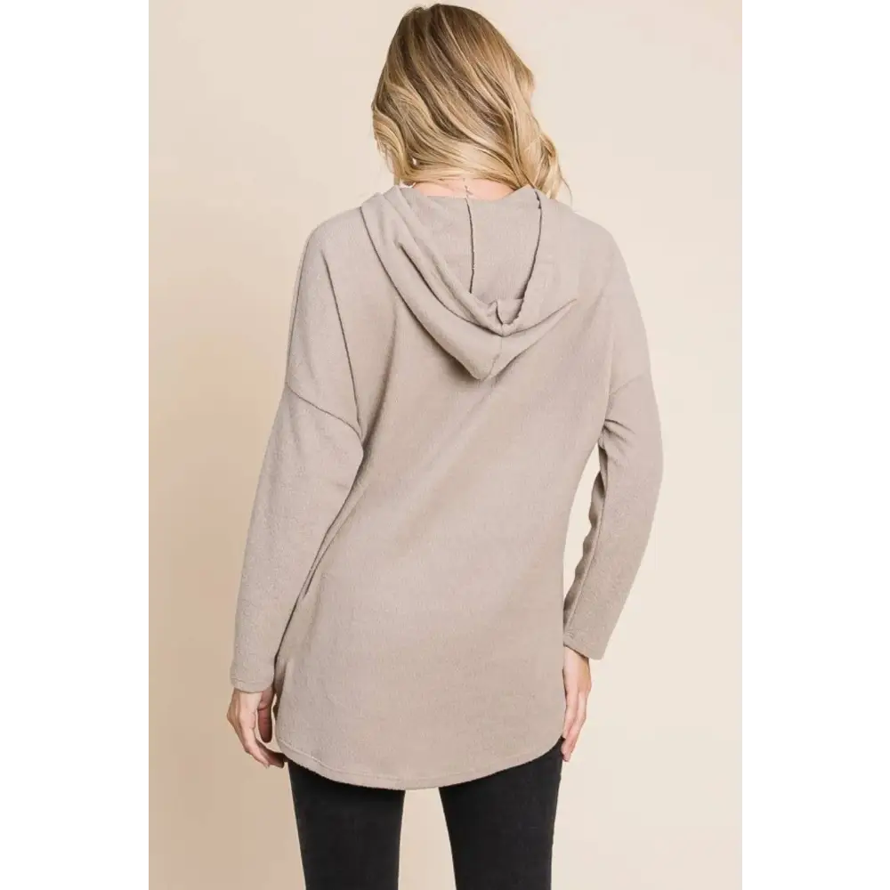 Taupe knit hoodie featuring a relaxed fit and bombom contrast drawstring in black for casual comfort and style
