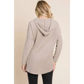 Taupe knit hoodie with bombom contrast drawstring in beige, featuring relaxed fit and ribbed cuffs long sleeve design