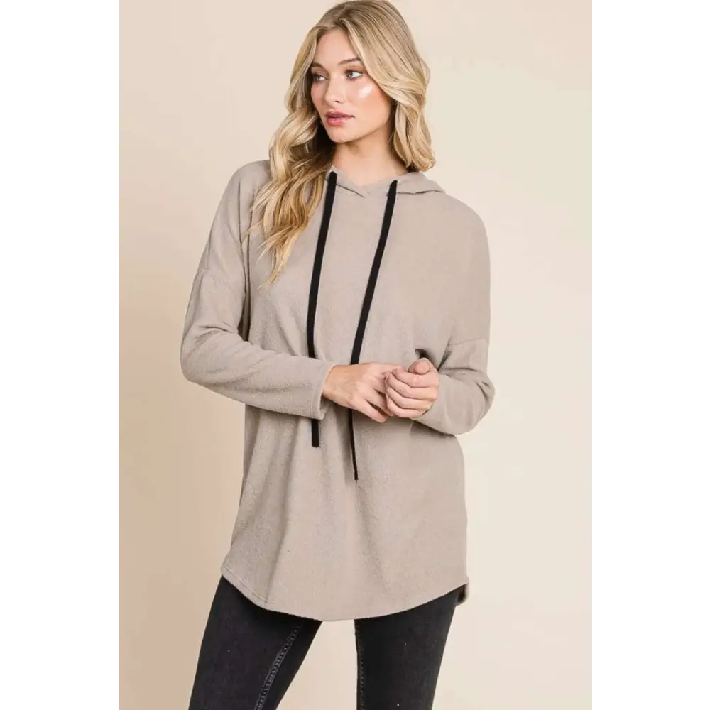 Taupe knit hoodie featuring a beige long-sleeved hooded top with bombom contrast drawstring for a relaxed fit
