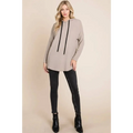 Taupe knit hoodie featuring a relaxed fit and bombom contrast drawstring in black for casual comfort and style