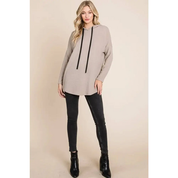 Taupe knit hoodie featuring a relaxed fit and bombom contrast drawstring in black for casual comfort and style