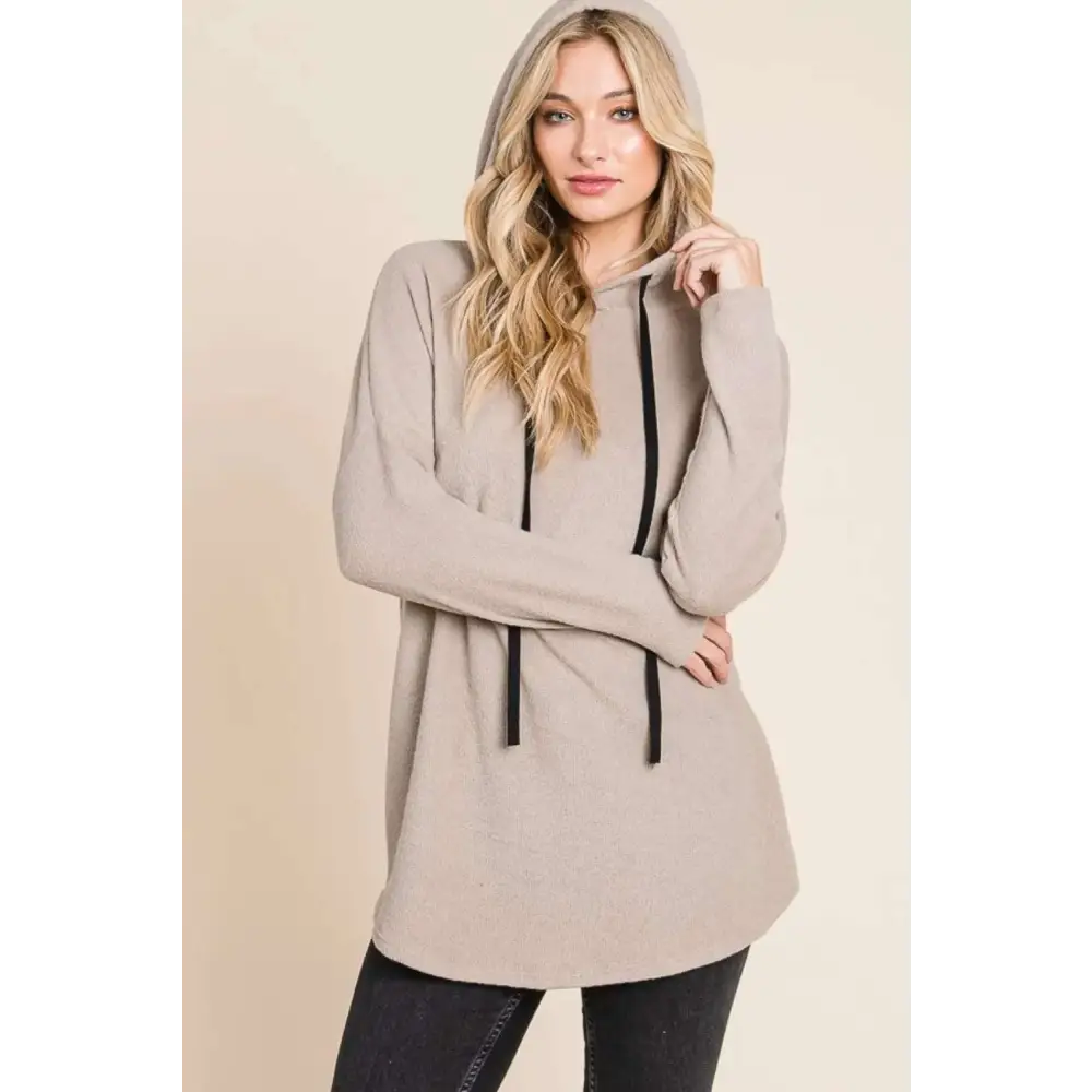 Taupe knit hoodie in beige with bombom contrast drawstring and relaxed fit oversized design in knit material