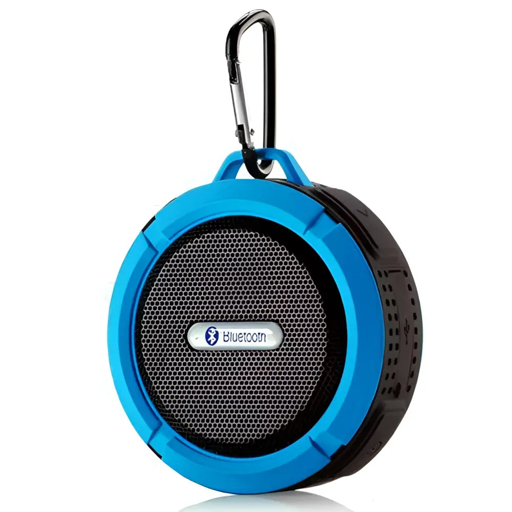 Teal and black portable waterproof speaker with carabiner clip for outdoor use and convenient portability