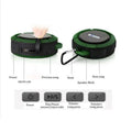 Teal and black portable waterproof speaker with rugged textured design and carabiner clip for outdoor use