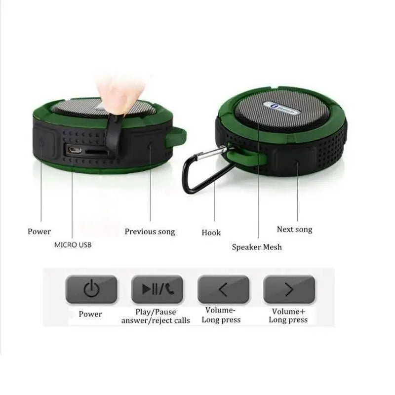 Teal and black portable waterproof speaker with rugged textured design and carabiner clip for outdoor use