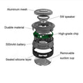 Teal and black portable waterproof speaker with aluminum mesh grille, 500mah battery, and removable suction cup base