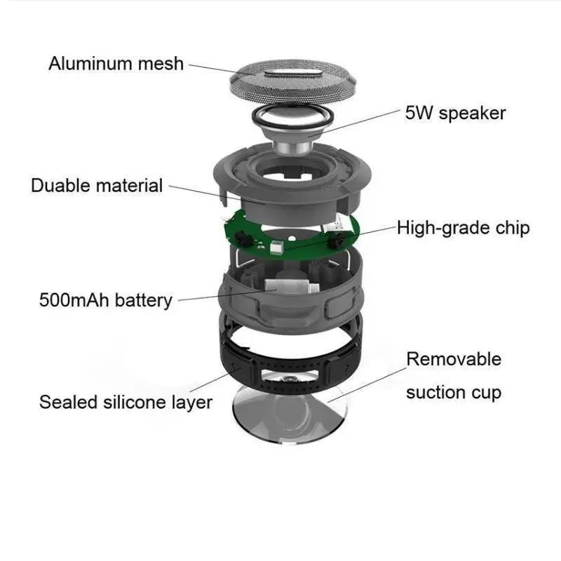 Teal and black portable waterproof speaker with aluminum mesh grille, 500mah battery, and removable suction cup base
