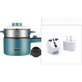 Teal compact multifunctional electric cooking pot with silver body, lid, black handle, and brand logo on the side