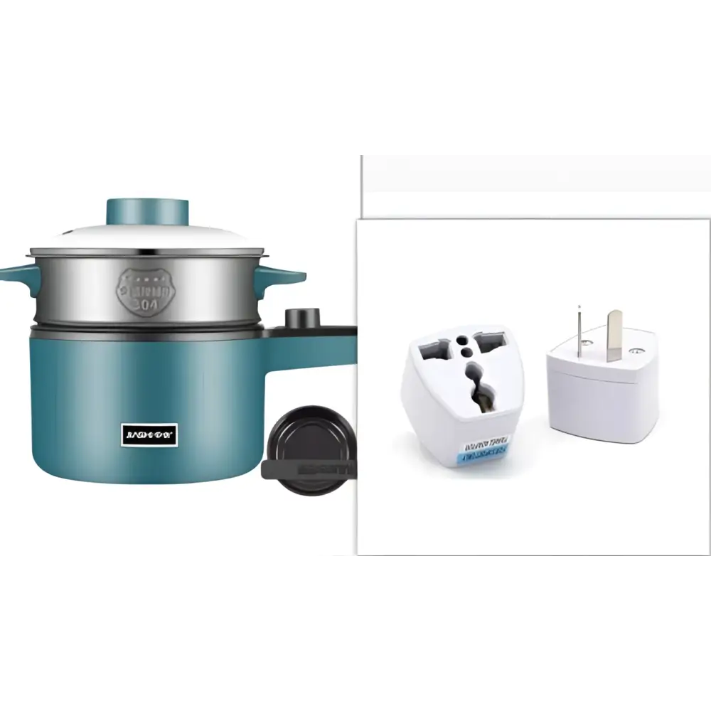 Teal compact multifunctional electric cooking pot with silver body, lid, black handle, and brand logo on the side
