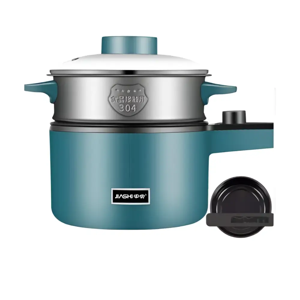Teal compact multifunctional electric cooking pot with stainless steel inner pot, black base, and blue handles