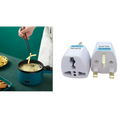 White travel adapter with gold prongs and blue export label for teal mini multifunctional electric cooking pot with black handle