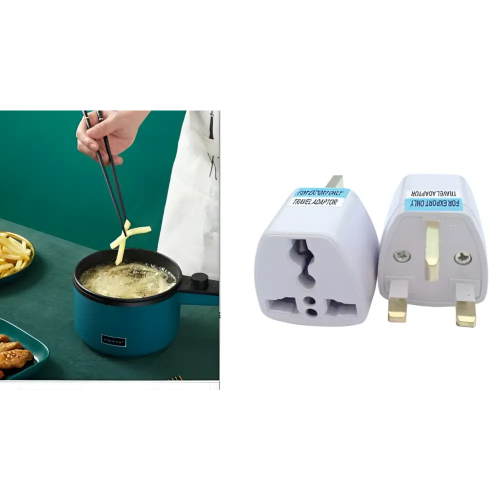 White travel adapter with gold prongs and blue export label for teal mini multifunctional electric cooking pot with black handle