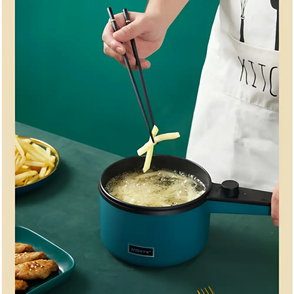 Teal compact multifunctional electric cooking pot with black handle and lid for versatile home cooking use