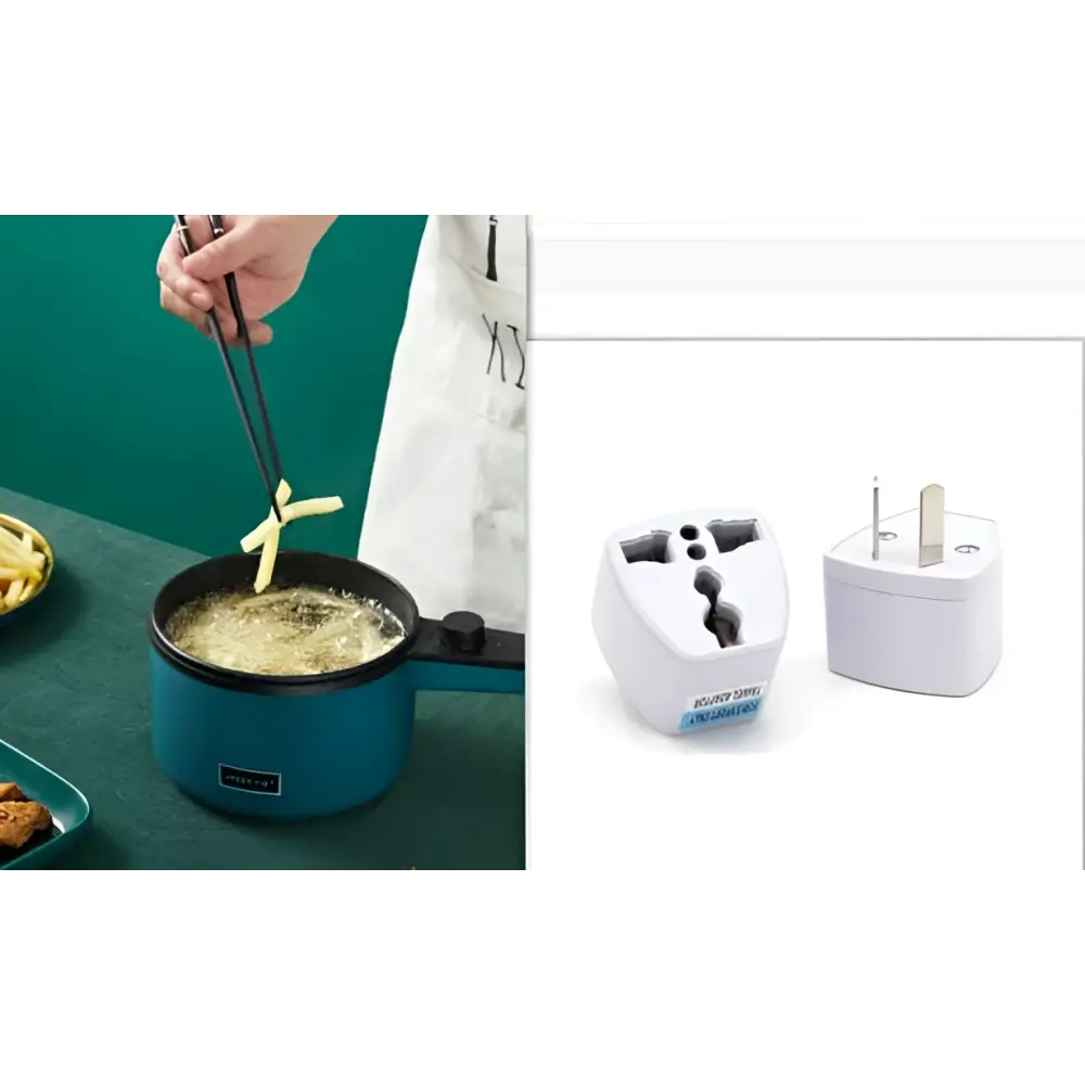 White plastic universal travel adapter with multiple plugs paired with teal compact multifunctional electric cooking pot