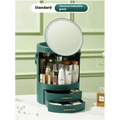 Teal cylindrical cosmetics storage box with built-in led lighting, round mirror lid, and two drawers for high-end cosmetics storage