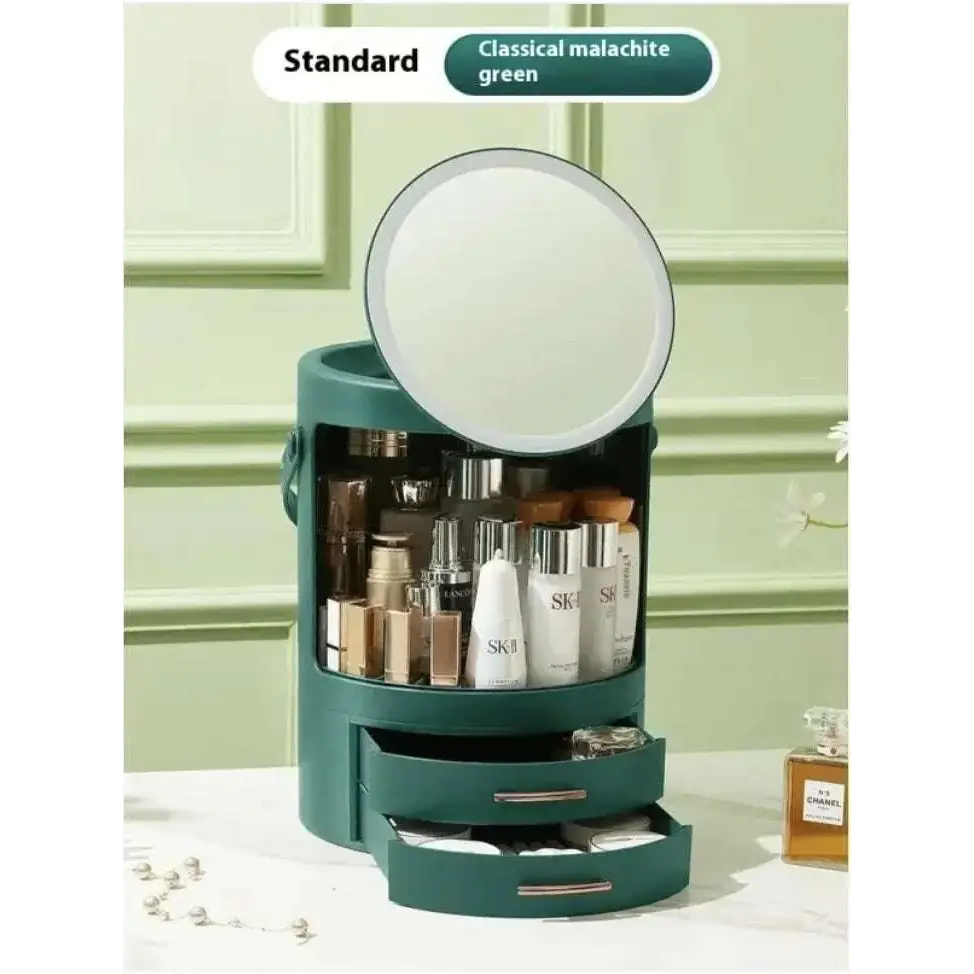Teal cylindrical cosmetics storage box with built-in led lighting, round mirror lid, and two drawers for high-end cosmetics storage