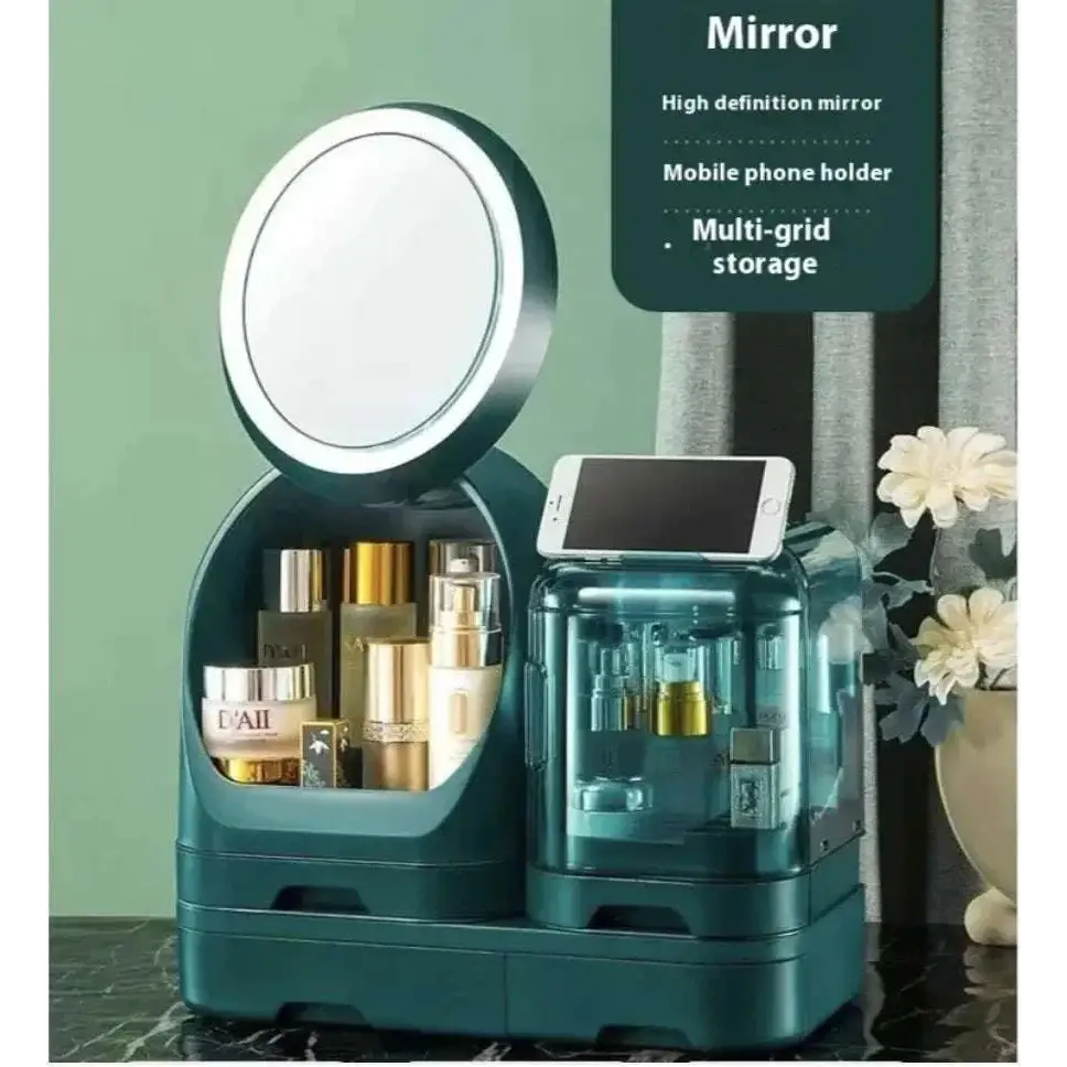 Teal cosmetics storage box with built-in LED lighting, modern vanity organizer with circular led-lit mirror and transparent compartments