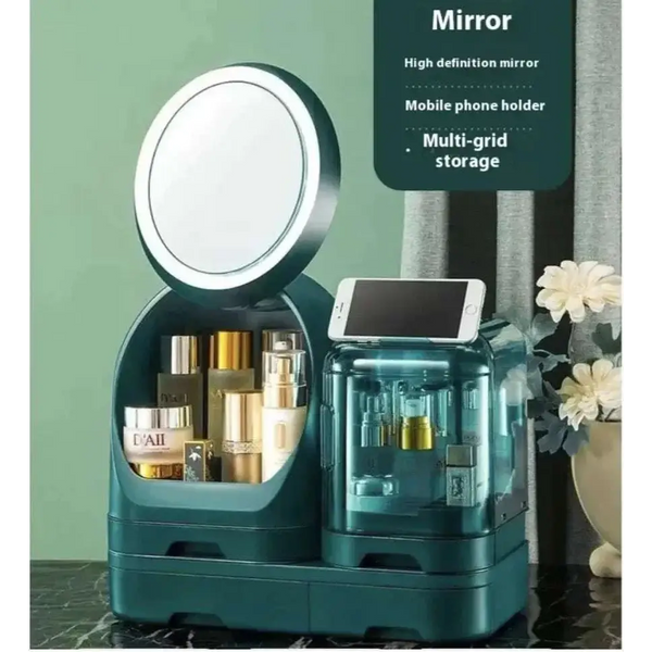 Teal cosmetics storage box with built-in LED lighting, modern vanity organizer with circular led-lit mirror and transparent compartments