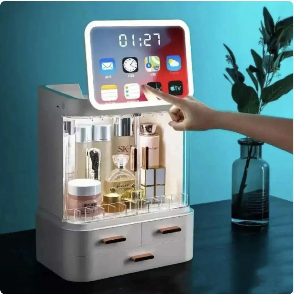 Teal cosmetics storage box with built-in led lighting and digital touchscreen display for high-end cosmetics storage