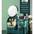 Teal cosmetics storage box with vintage green vanity mirror featuring built-in led lighting and multi-grid compartments