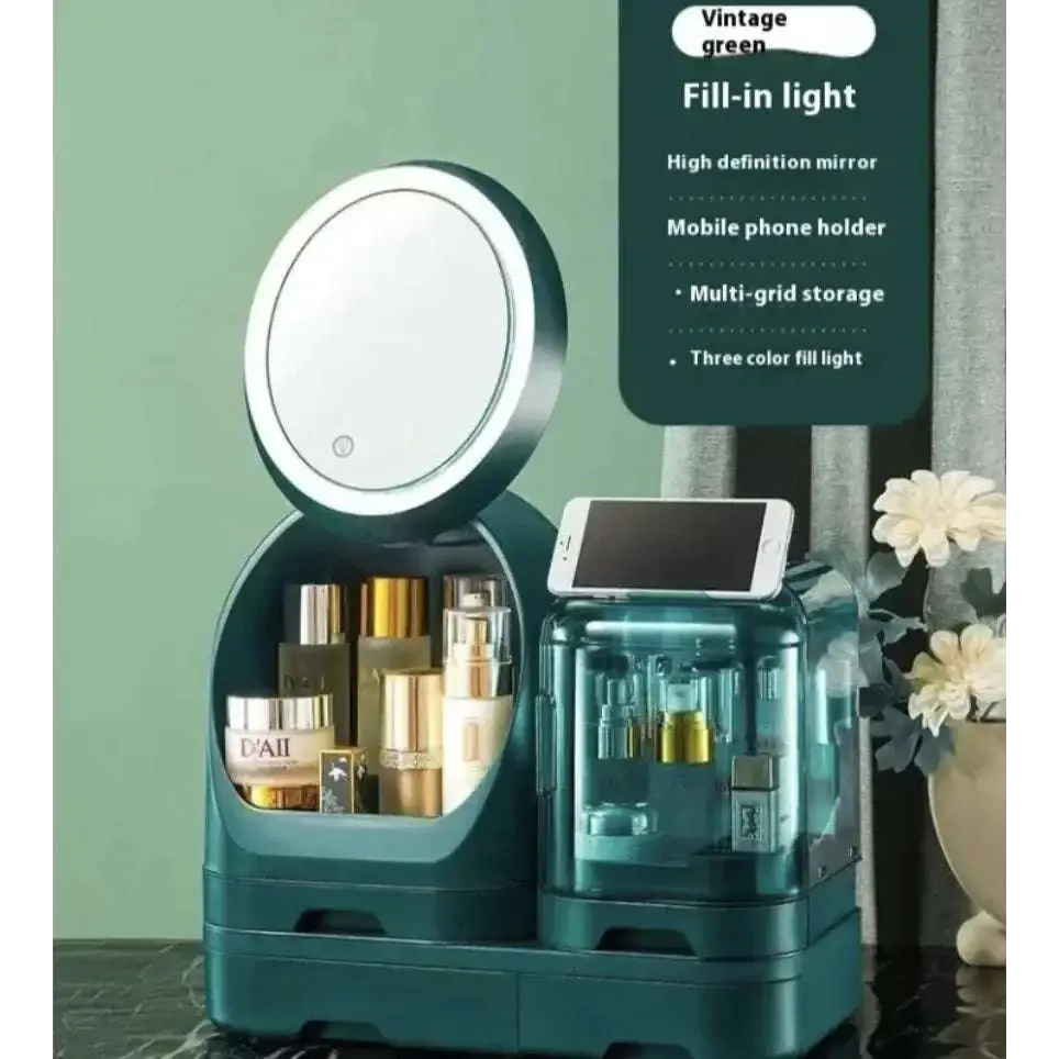 Teal cosmetics storage box with vintage green vanity mirror featuring built-in led lighting and multi-grid compartments