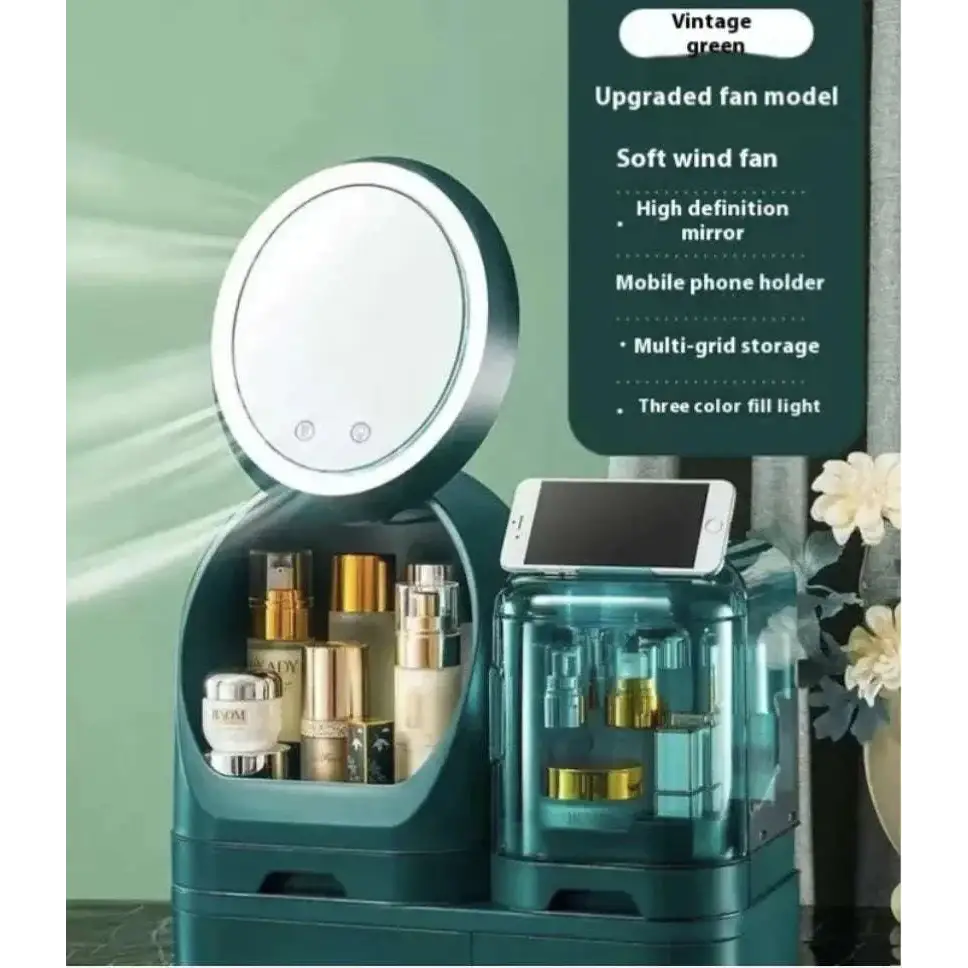 Teal cosmetics storage box with built-in led lighting, circular mirror, multi-grid compartments, and phone holder for high-end cosmetics storage