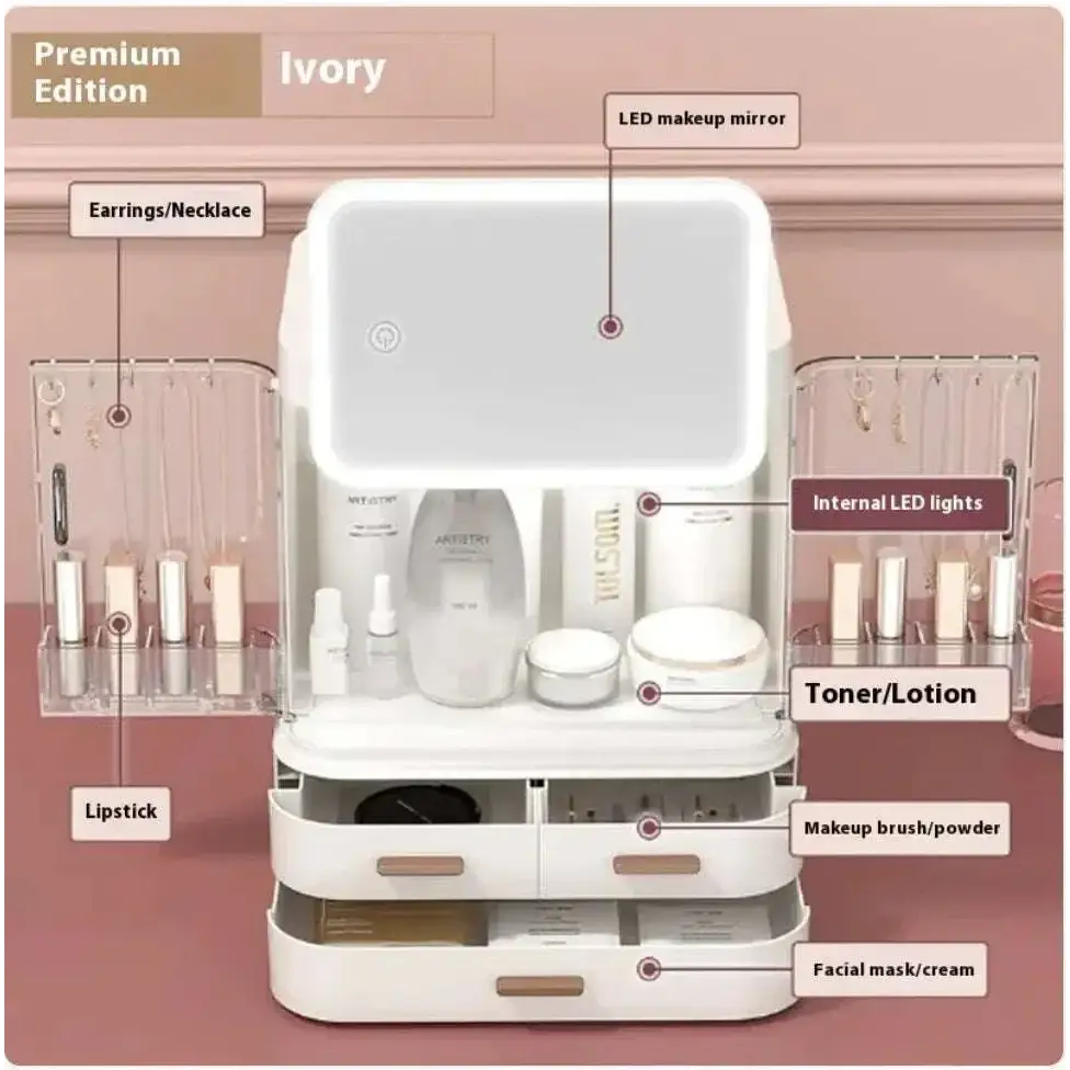 Teal cosmetics storage box with built-in LED lighting, modern vanity organizer with circular led-lit mirror and transparent compartments