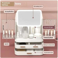 Ivory multi-tiered high-end cosmetics storage with built-in led lighting and transparent compartments for jewelry and skincare