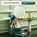 Teal cosmetics storage box with built-in LED lighting, circular mirror, and two drawers for high-end cosmetics storage