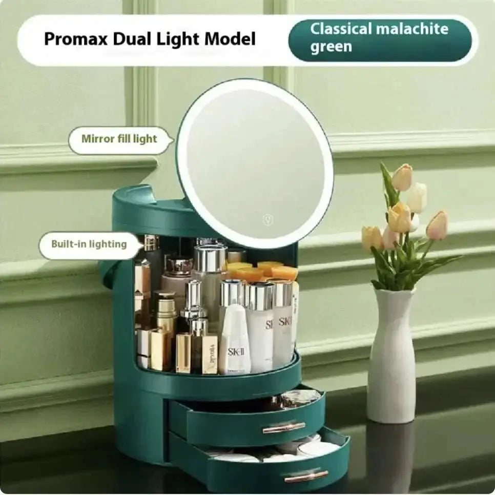 Teal cosmetics storage box with built-in LED lighting, circular mirror, and two drawers for high-end cosmetics storage