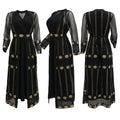Black lace overlay dress kraft abaya with teal gold embroidered gold floral and geometric designs